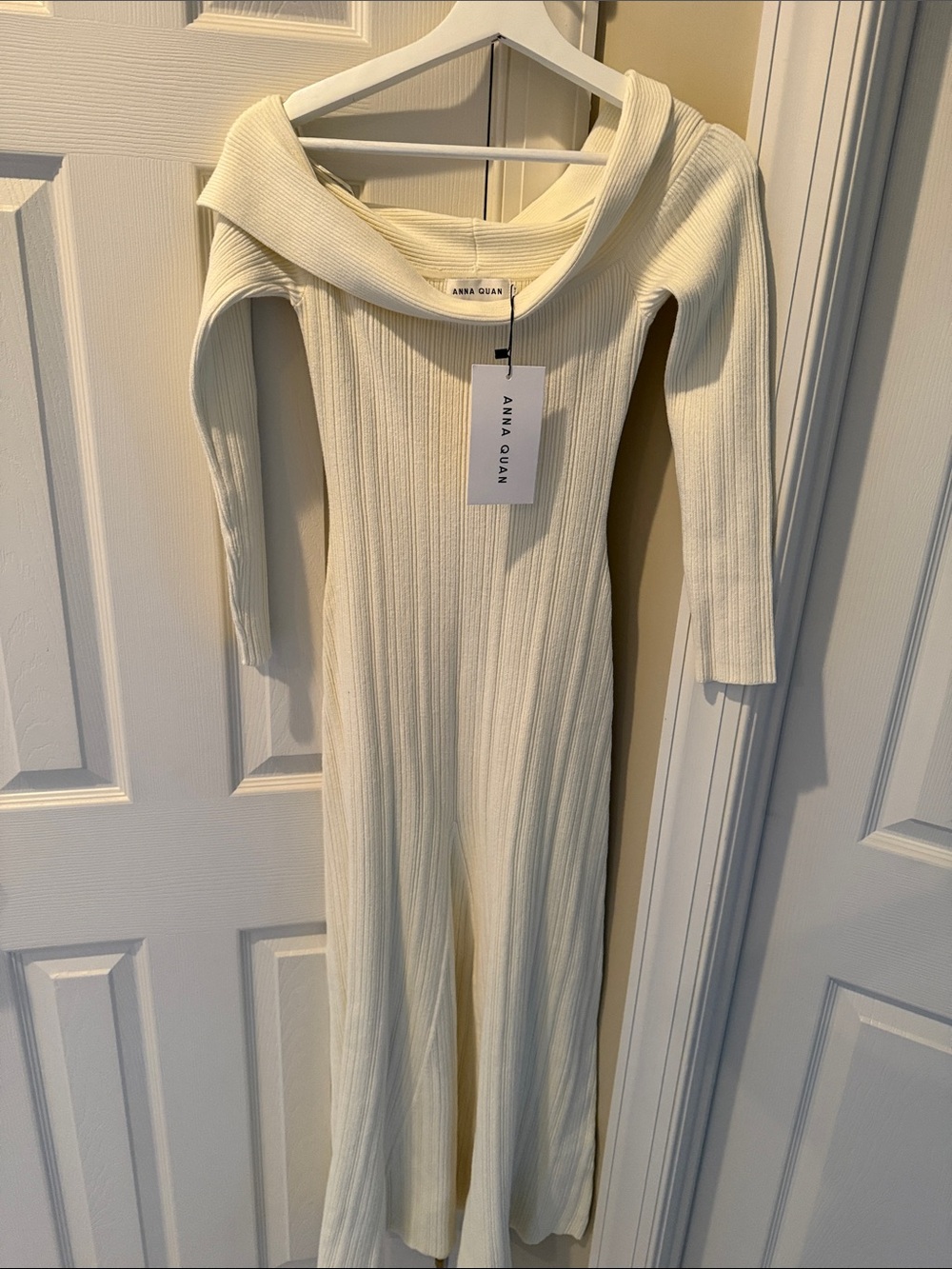Anna Quan Cream Off-Shoulder Ribbed Maxi Dress